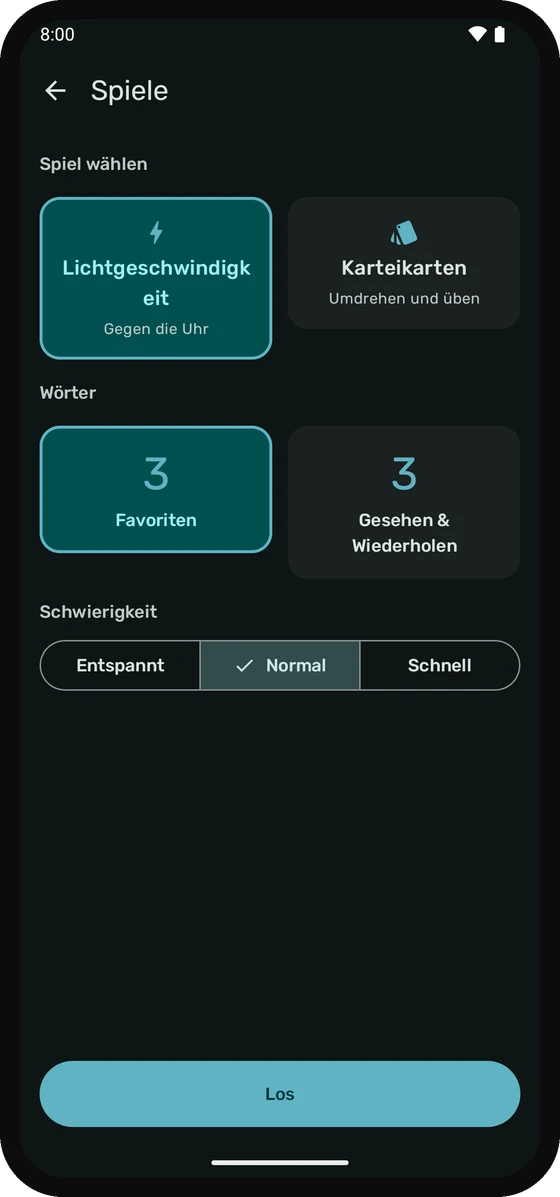 Der Spielebildschirm von Wortschatz mit Light Speed und Karteikarten.