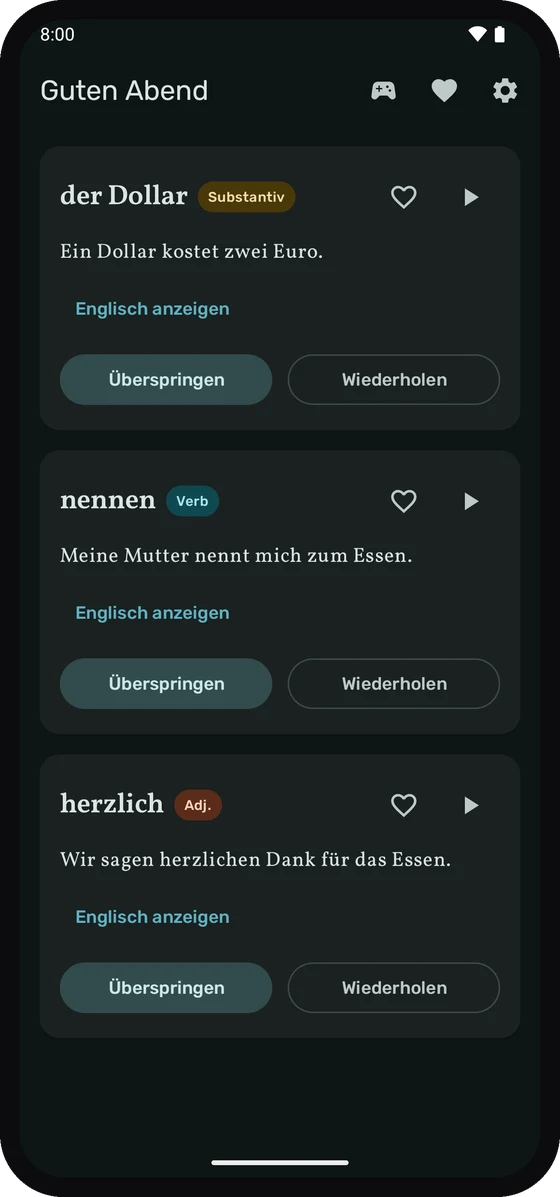Der Wortschatz-Startbildschirm mit den drei Wörtern des Tages.