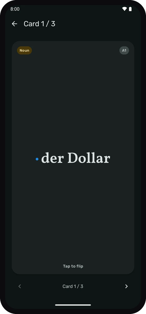 A Wortschatz flashcard ready to flip.