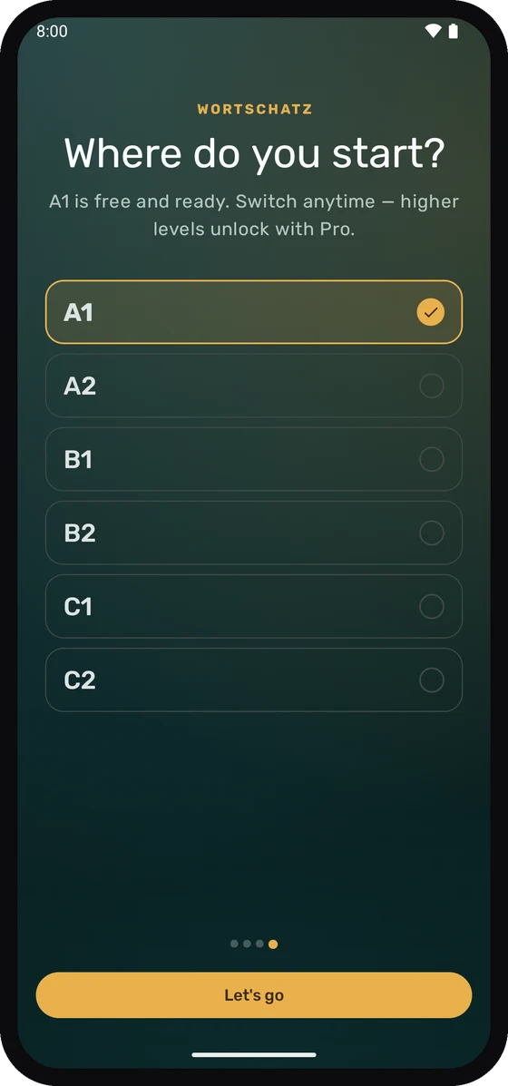 Choosing a CEFR level from A1 to C2 in Wortschatz.
