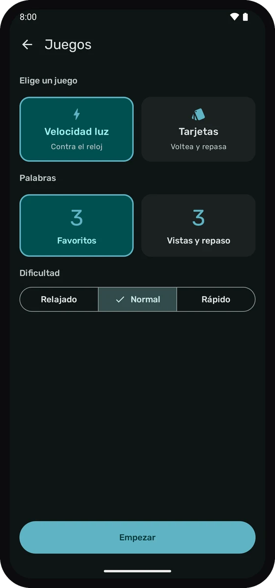 La pantalla de juegos de Wortschatz con Light Speed y tarjetas.