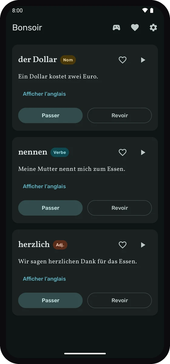 L'écran d'accueil de Wortschatz avec les trois mots du jour.