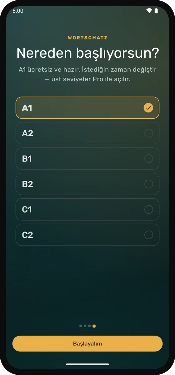 Wortschatz'ta A1'den C2'ye bir CEFR seviyesi seçimi.