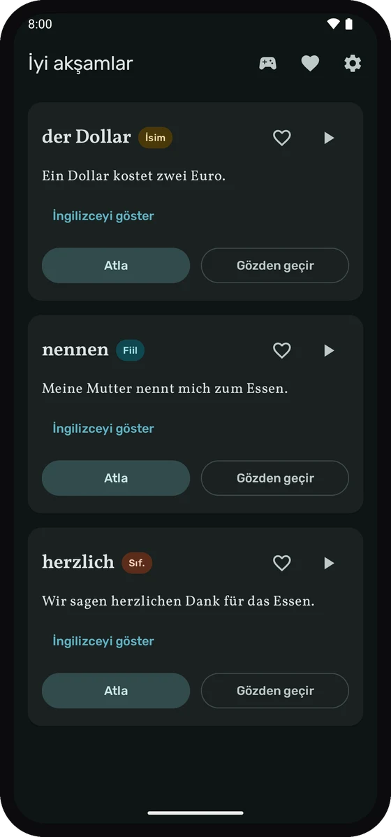 Günün üç kelimesiyle Wortschatz ana ekranı.